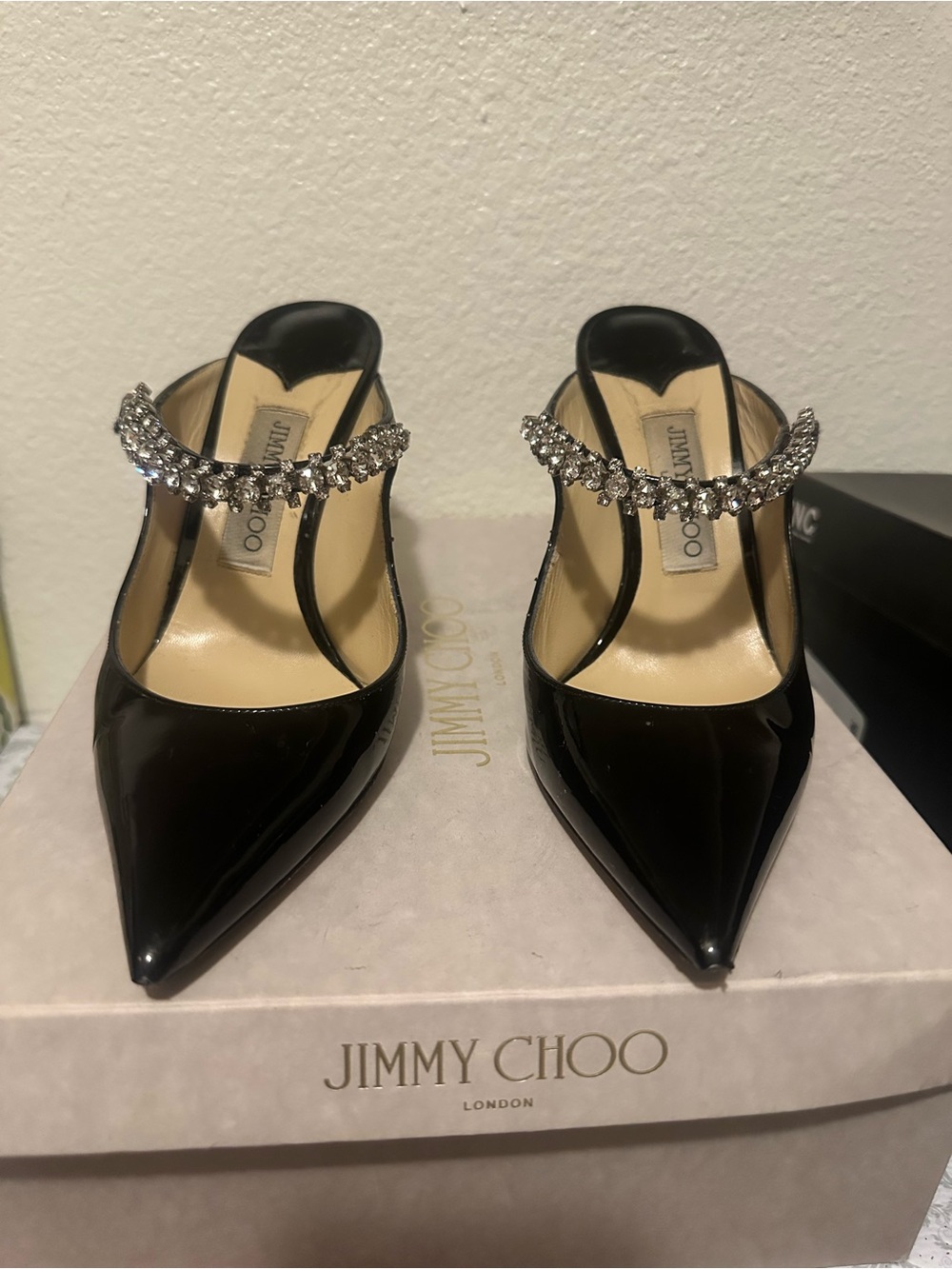 Jimmy Choo Black Patent Crystal-Embellished Pointed Toe Mules 100mm Size 39